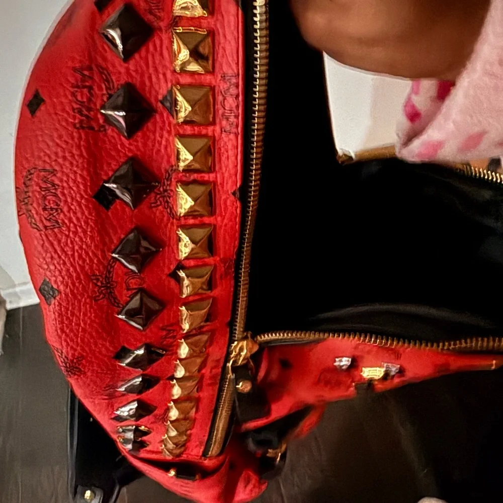 MCM Red and Black Studded Backpack - Picture 8 of 12